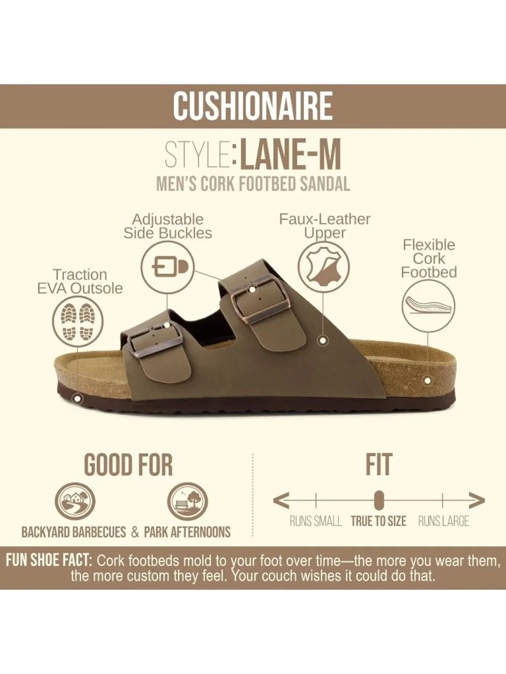 Men's Brown Lane Cork Footbed Sandals Adjustable Buckle Comfort Slides